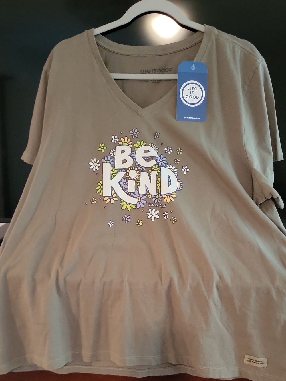 Life Is Good Olive Green "Be Kind" Floral V-Neck Tee